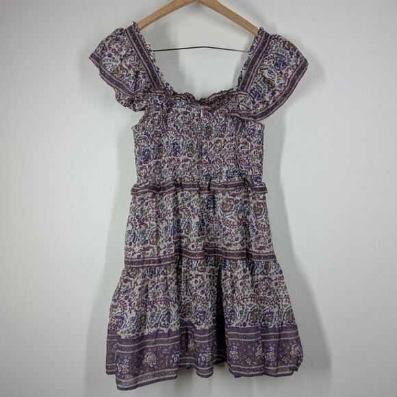 Sea Rosita Border Smocked Mini Dress Ruffled Purple Floral Size Large Preowned - Picture 4 of 12
